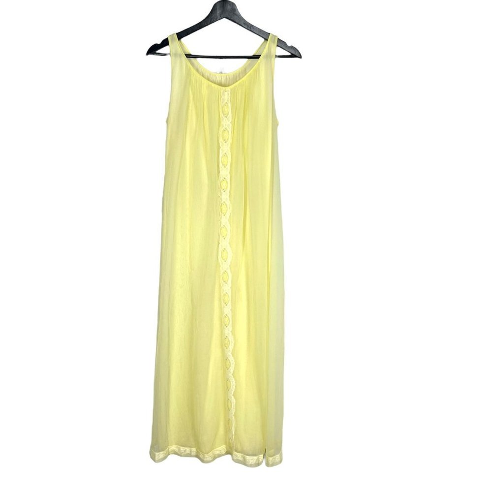 Vintage 60s Miss Elaine Yellow Full Length Chiffon Peignoir Nightgown Large